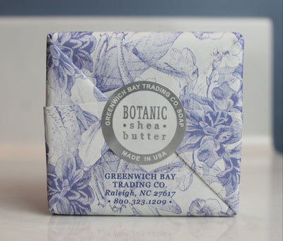 Pretty Blue and white packaging on Lavender Chamomile bar of soap.