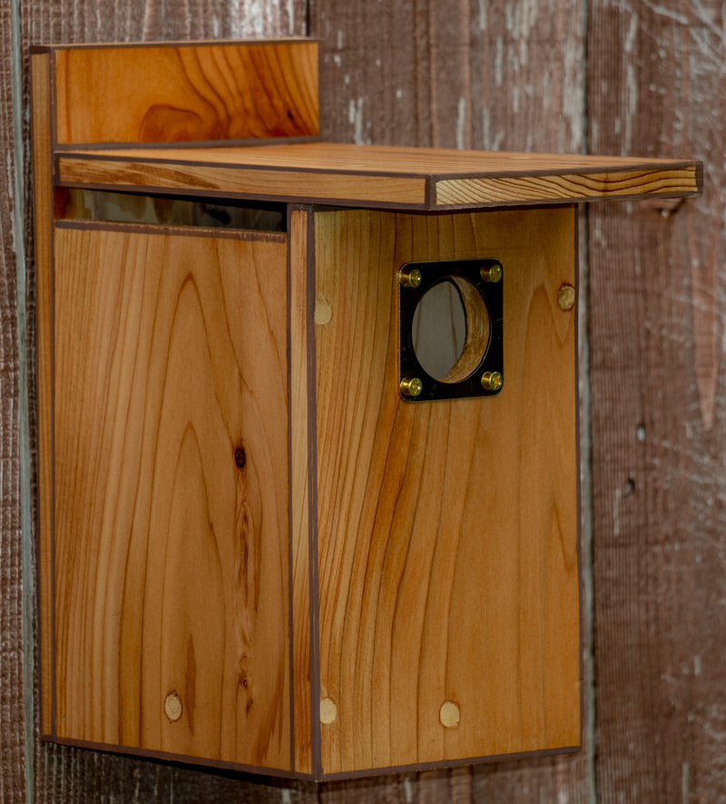 Side view of Light Stained with Brown Trim Cedar Wood Nesting Box Birdhouse