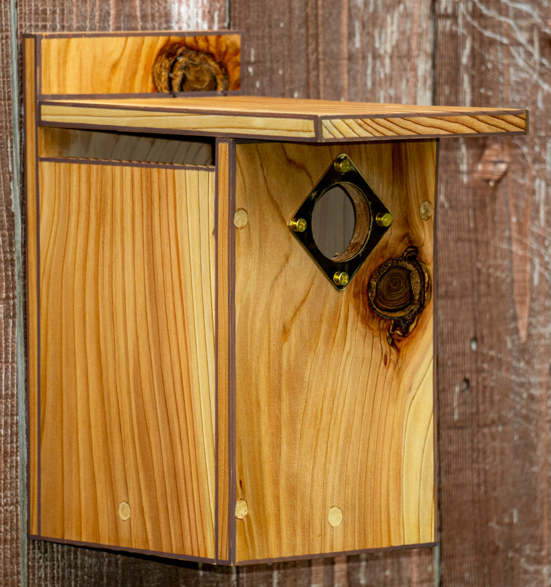 Side view of Light Stained with Brown Trim and knot Cedar Wood Nesting Box Birdhouse