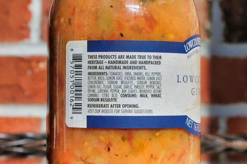 Ingredients in Low Country Gumbo listed on the label. See the chunks of tomato , okra, and bell pepper!