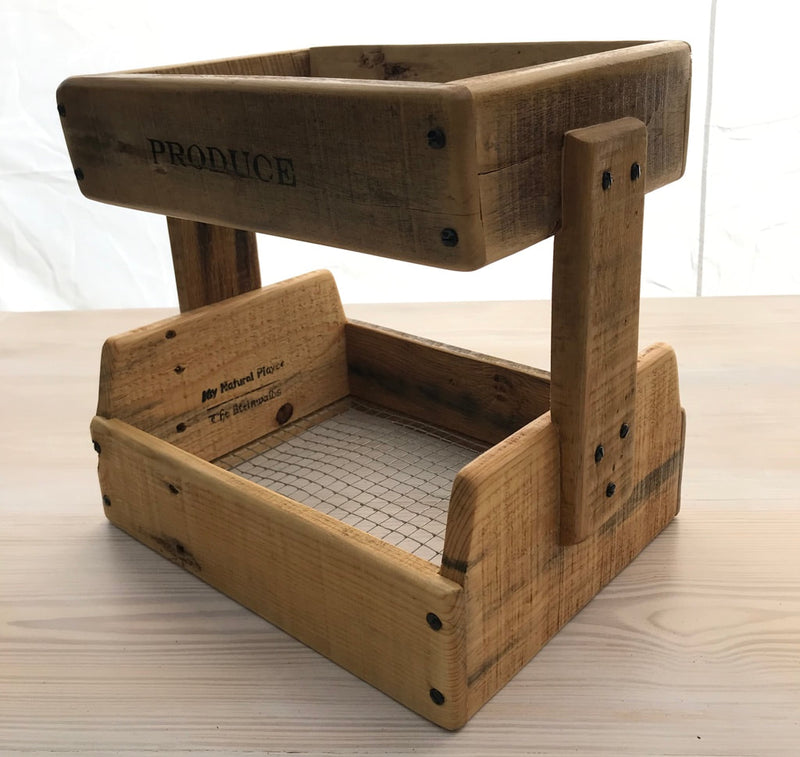 Top corner view of the Wooden Two-Tier Storage Basket from Reclaimed Pallets