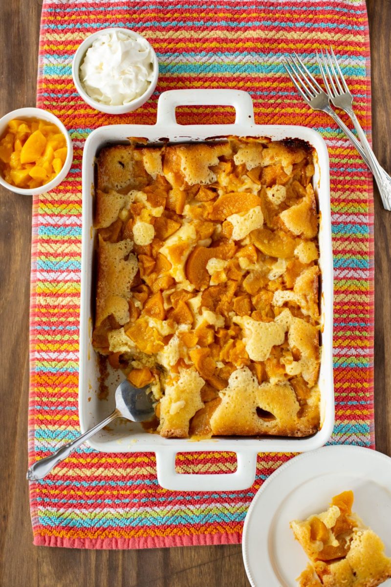 A delicious peach cobbler dessert made with Fruit Cobbler Baking Mix on harvestarray.com