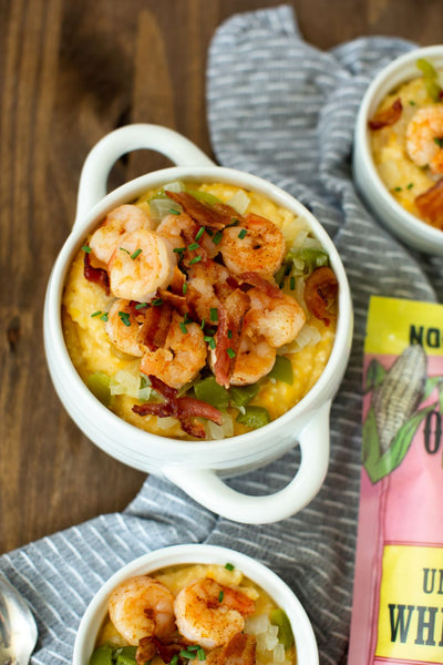 Shrimp and Grits made with Non-GMO Stone Ground Unbleached White Grits 16oz. Gluten Free