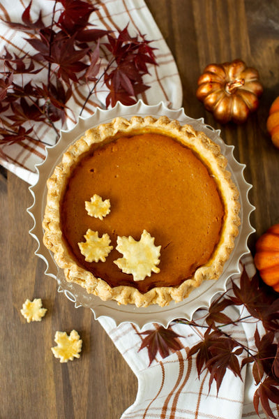 Pumpkin Pie with leaves on top cut from crust made with Southern Pie Crust Mix 12oz.