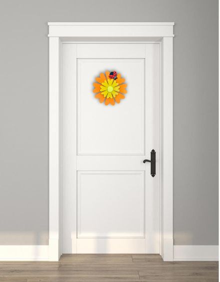 Wooden Orange and Yellow Daisy with Ladybug Door or Wall Hanger on Bedroom Door.