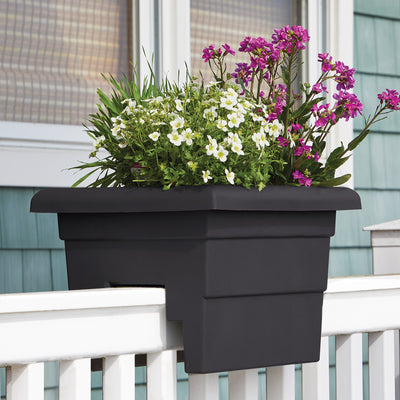 Black Resin Small Over the Rail Planters 16" Long shown with flowers (not included)