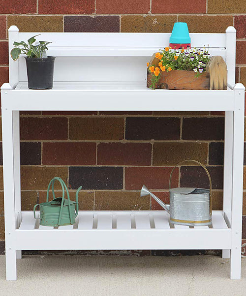 White Potting Bench with 3 Shelves in use