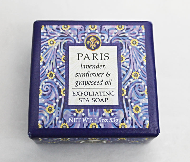 Paris Exfoliating Mini Spa Soap in a 1.9 ounce square bar.