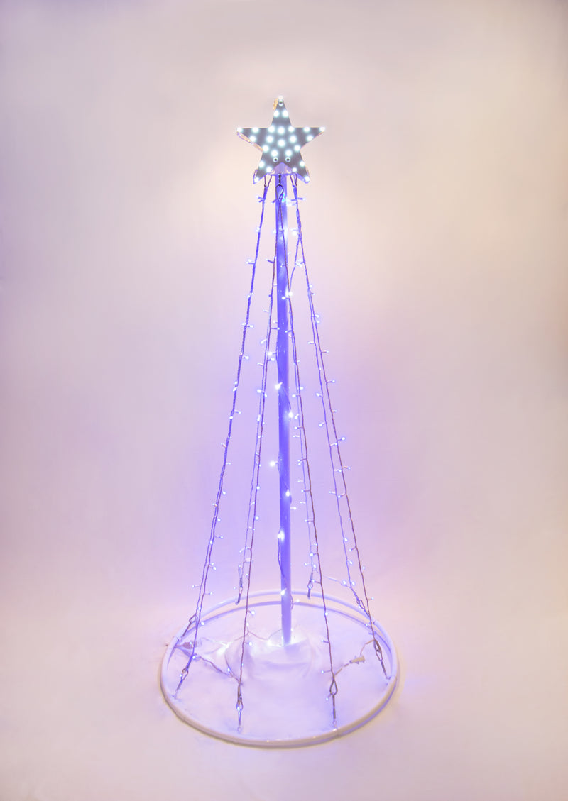 LED Lighted Pine Tree with White Base with Blue Tree Lights in the daylight