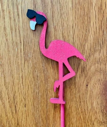 Groovy Flamingo Wooden Petite Plant Stake 6 Inches shown with a shimmer finish