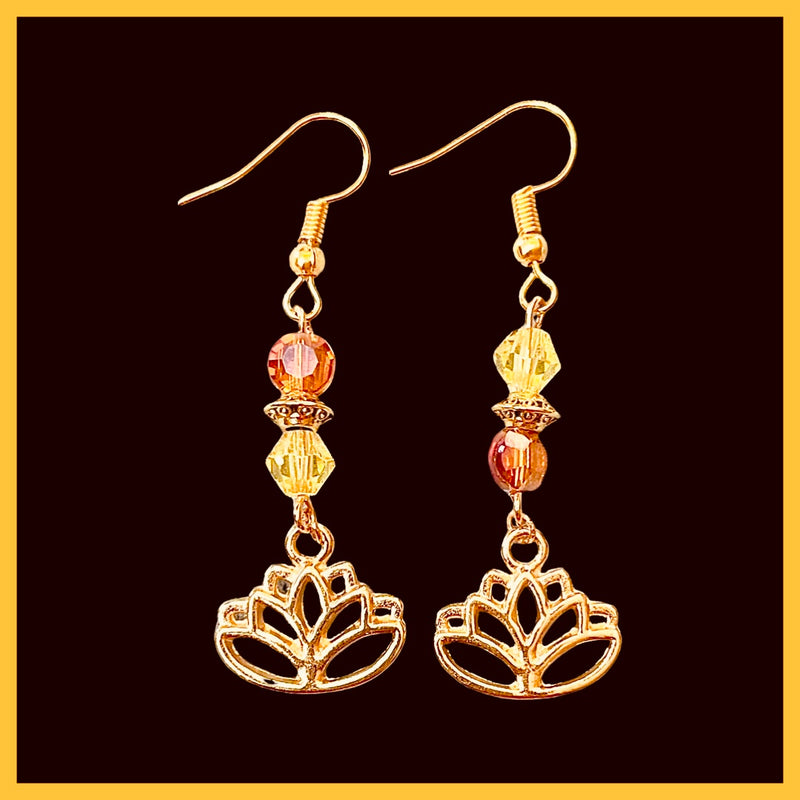 Lotus flower charm earrings with gold and orange crystal bead accents