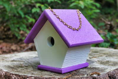 Side angle view of White and Purple Wren Birdhouse