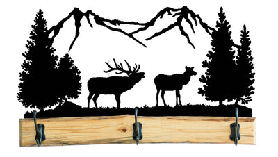 Rustic Wooden 28" Full Scene of Elk  and Trees and Mountain Coat Rack from Harvest Array