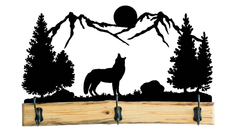 Rustic Wooden 28" Full Scene Wolf Howling at Moon Coat Rack from Harvest Array