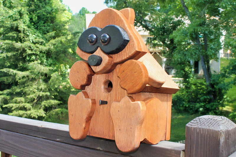 Side view of the Raccoon Shaped Amish Made Birdhouses From Harvest Array