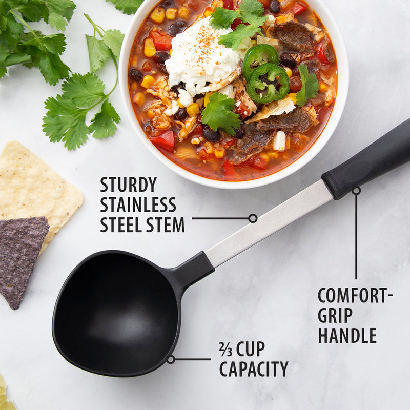 Rada Non-Scratch Ladle has a stainless steel stem with a comfort grip. and 2/3 cup capacity.  From Harvest Array.