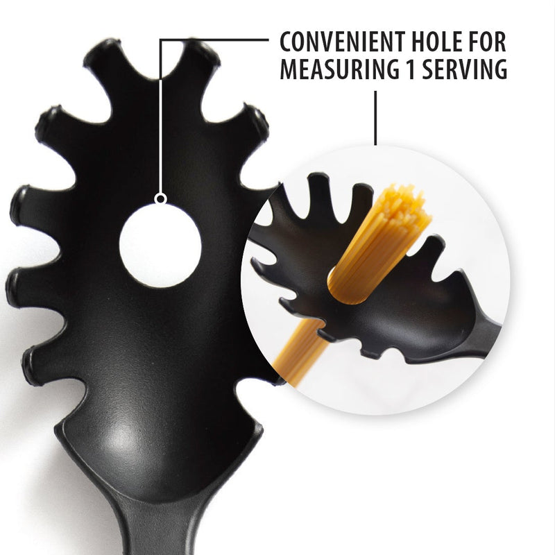 Measure the perfect amount of spaghetti for one by using the center hole.  From Harvest Array.