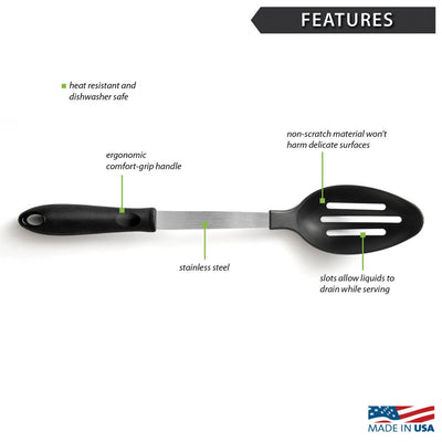 Rada's Slotted Spoon has an ergonomic comfort grip non-scratch material is safe to use on delicate services.