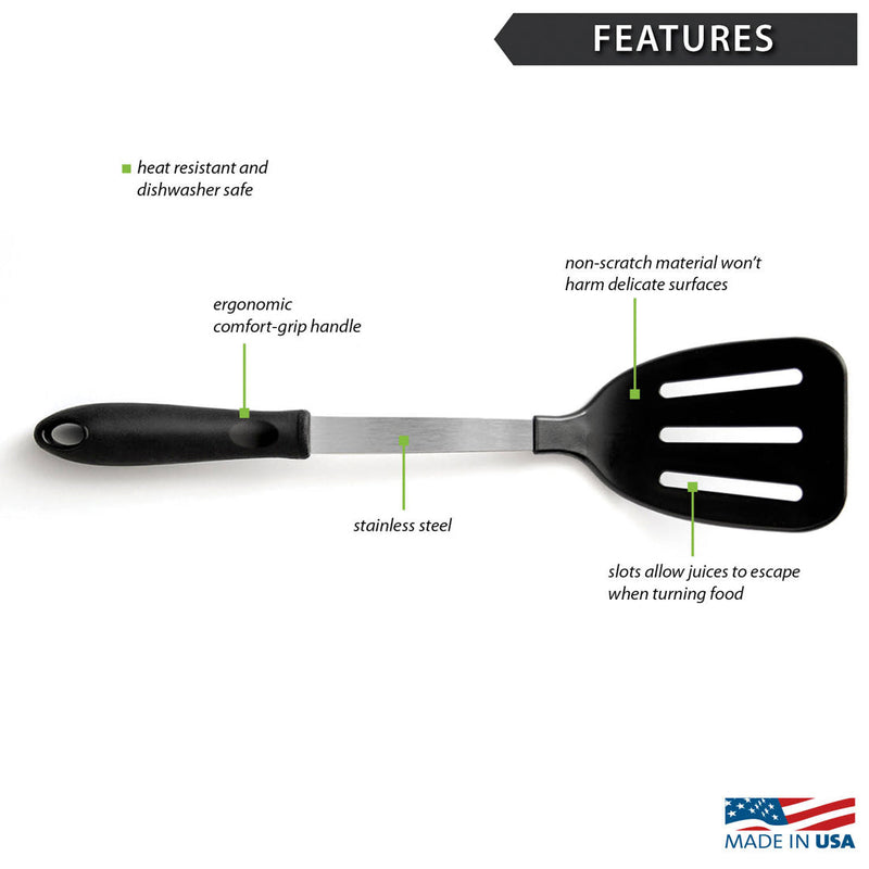 The Rada Non-Scratch Slotted Turner has an ergonomic comfort grip handle and non-scratch material will not harm delicate services.