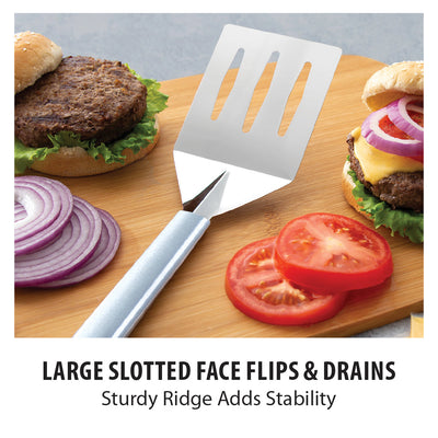 Rada Turnover Spatula has a large slotted face for flips and draining.  Harvest Array