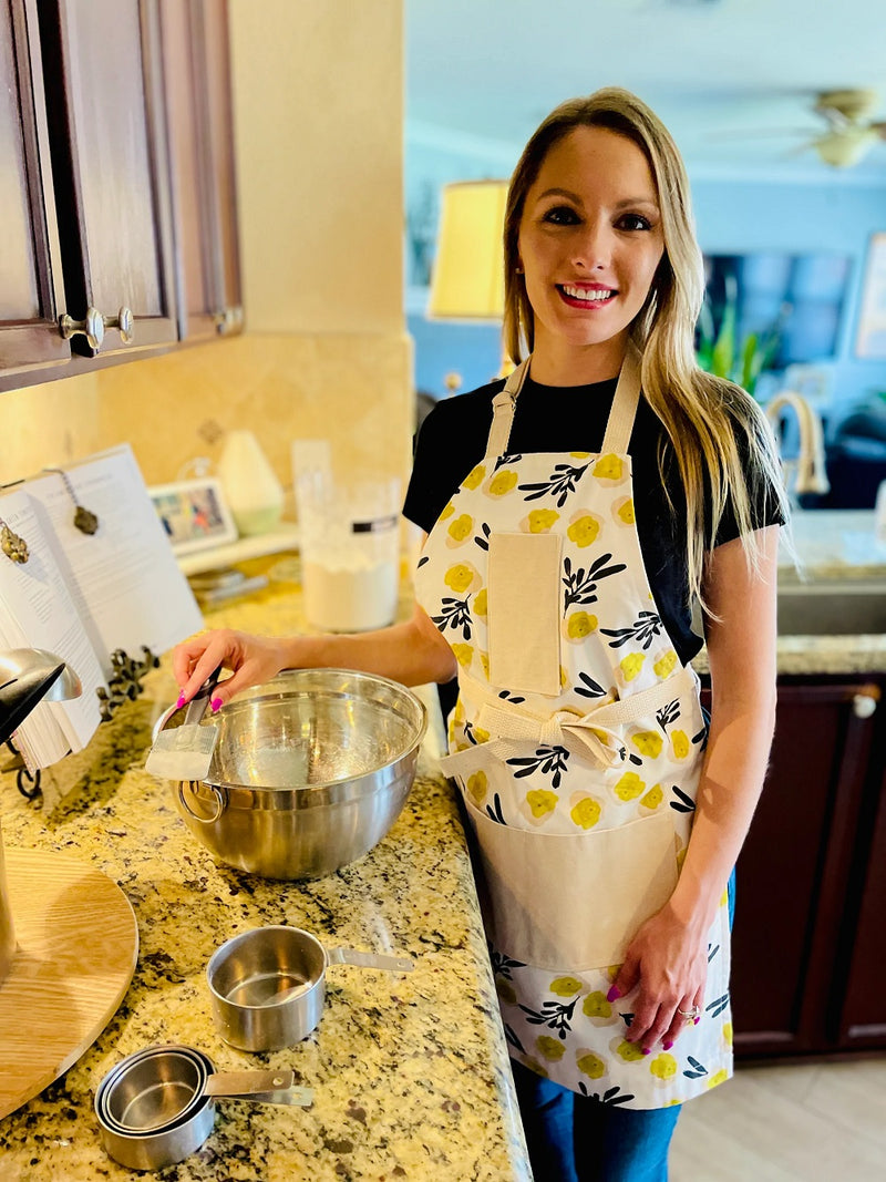 Rebecca Vintage Rose Print Apron being worn