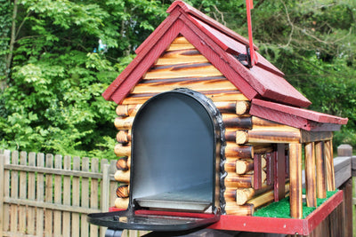 Amish Made Red Log Cabin Open Mailbox view