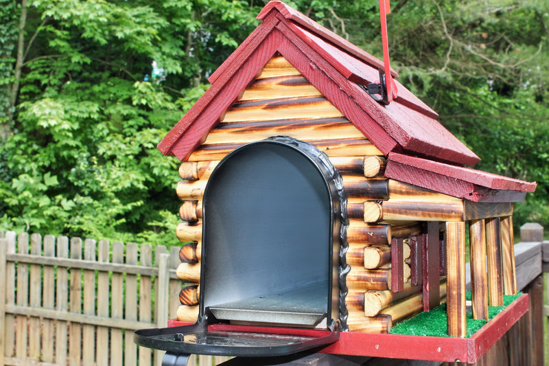 Amish Made Red Log Cabin Open Mailbox view