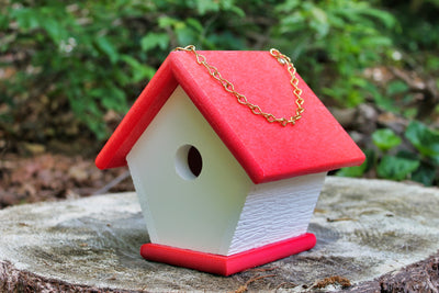 Side angle view of White and Red Wren Birdhouse
