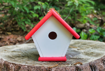 Front view of White and Red Poly Wren Birdhouse