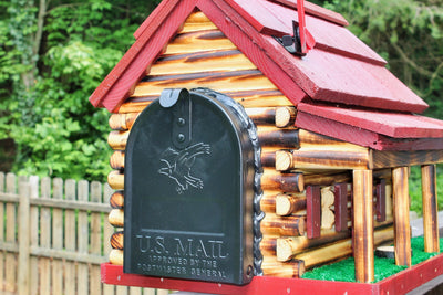 Amish Made Red Log Cabin Mailbox  - Front View
