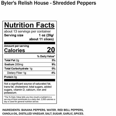 Nutritional facts for Byler's Relish House Shredded Peppers