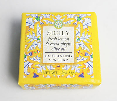 Sicily Exfoliating Mini Spa Soap in a 1.9 ounce square bar.