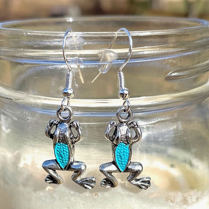 Silver and Blue Frog Earrings for Harvest Array