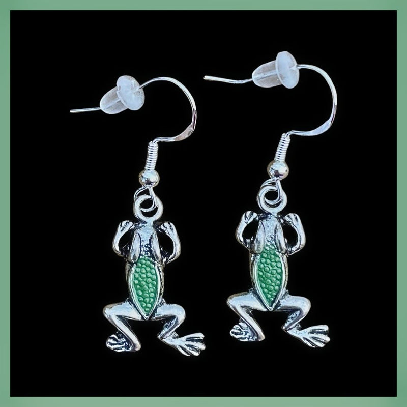 Silver and Green Frog Earrings