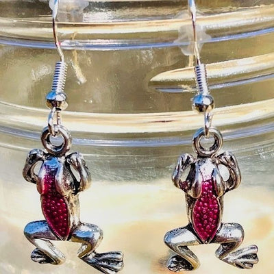 Silver and Pink Frog Earrings on Sterling Silver Ear Wires