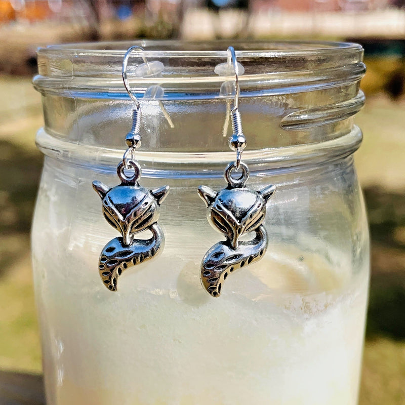 Antique Silver Sleeping Fox Charm Earrings