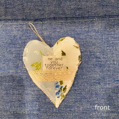Small Quilt Heart Hanging, me and you together forever, with lace on front.