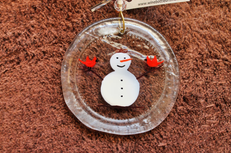 The snowman with two red birds glass ornament and suncatcher