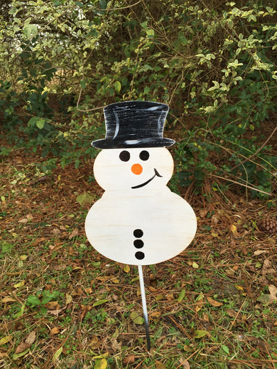 This holiday decoration is a  10" jolly Snowman Yard Stake and is made with 18 gage Mild Steel.  From Harvest Array