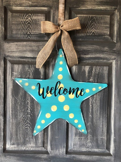 This beautiful Aqua and Yellow Starfish Door Hanger will Welcome your guests to your home.. From Harvest Array