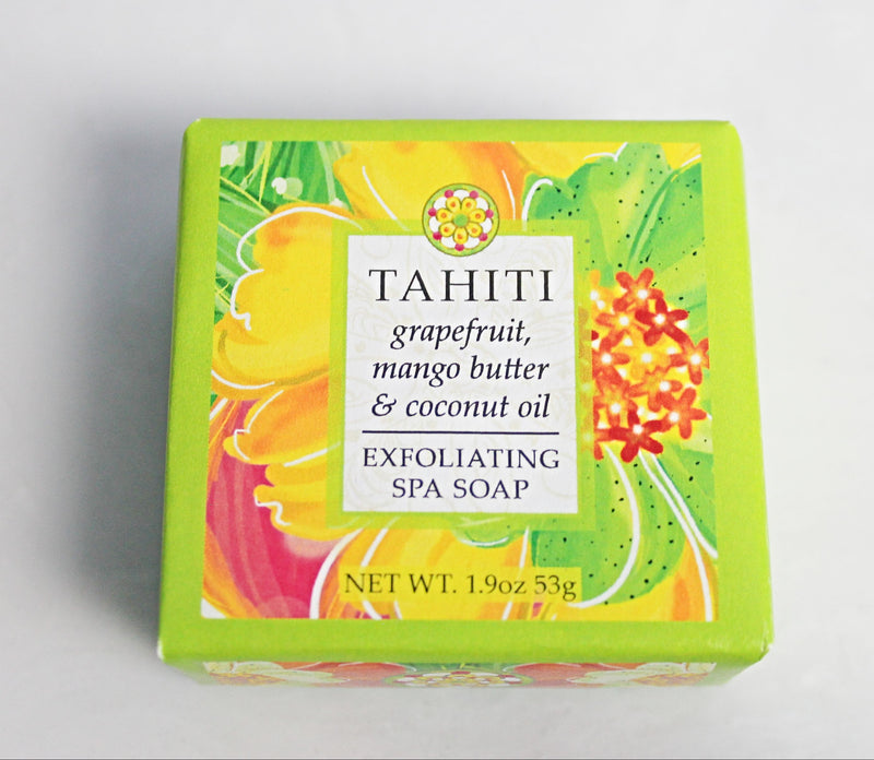 Tahiti Exfoliating Mini Spa Soap in a 1.9 ounce square bar.