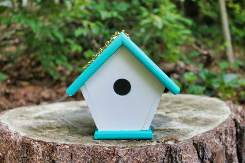 Front view of White and Teal Poly Wren Birdhouse