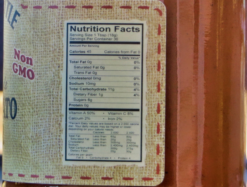 Amish Sweet Potato Butter Nutrition Facts.  Made in USA from Harvest Array.