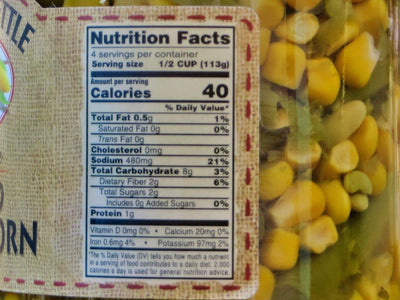 Amish Made Pickled Beans and Corn Nutritional Facts. Made in USA.  Harvest Array