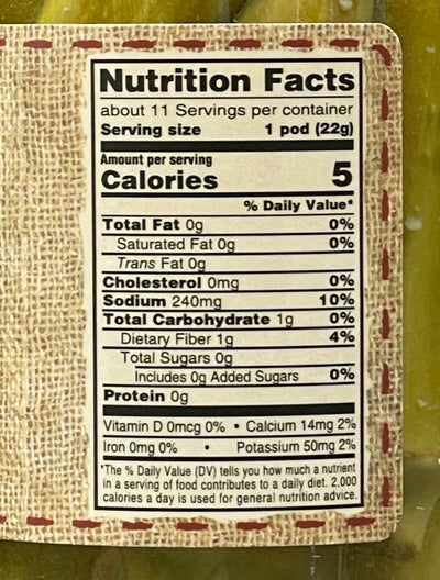 Amish made Pickled Okra Nutritional Facts.  Made In the America.  Harvest Array
