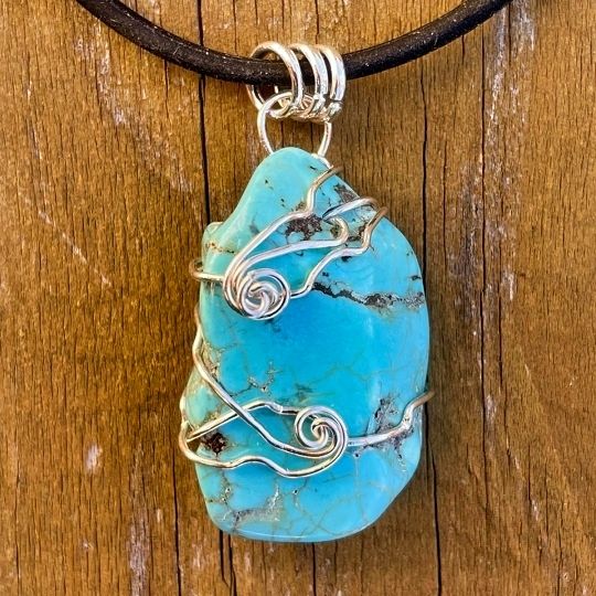 Howlite Stone Dyed Turquoise Wire Wrapped in Sterling Silver Pendant Necklace