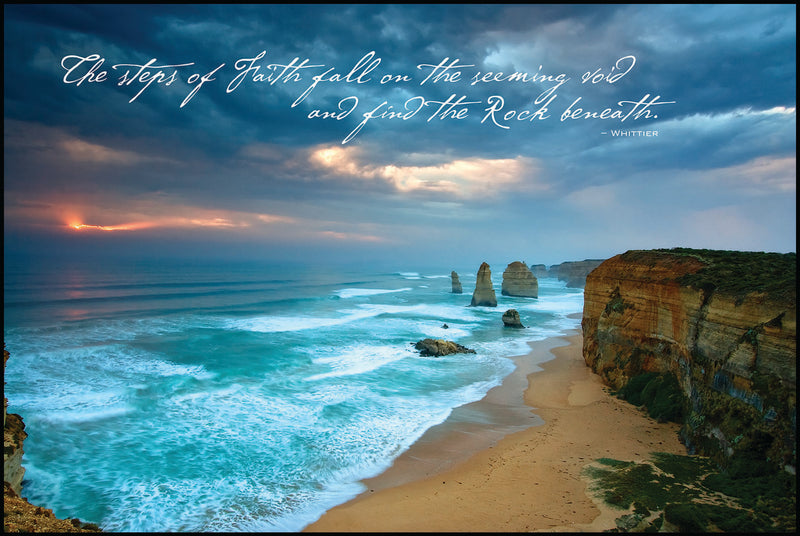 "The Steps of faith fall on the seeming void and find the Rock beneath." -Whittier, with rocky coastline at sunset in the background. 