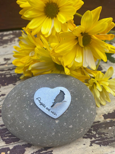 Angels Are Near - Pewter Heart on Rock near flowers