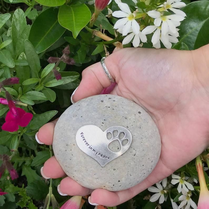 Pet Memorial Pewter Heart on Rock outdoors