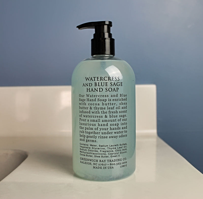 Watercress and Blue Sage Kitchen Hand Soap back of bottle